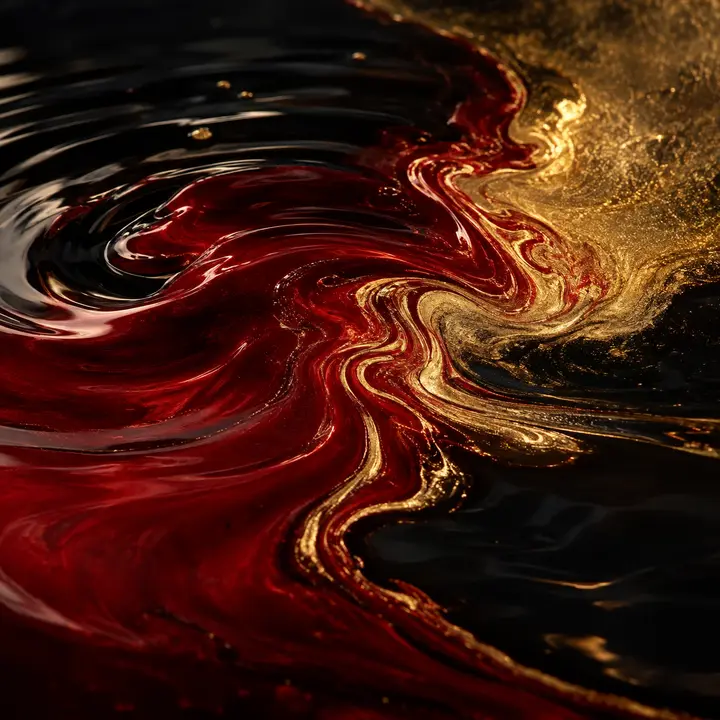 Crimson and gold lacquer colours forming a flame-like pattern on water